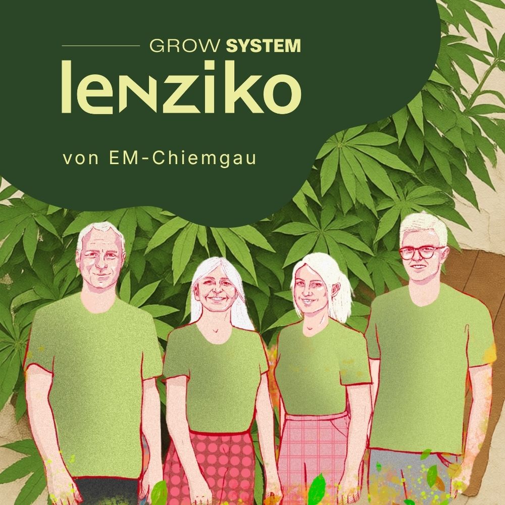 Illustrierte Familie Fischer vor Cannabispflanzen