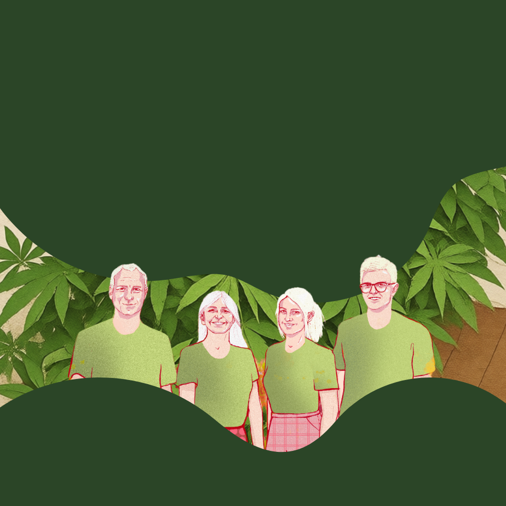Lenziko illustrierte Familie Fischer vor Cannabispflanzen