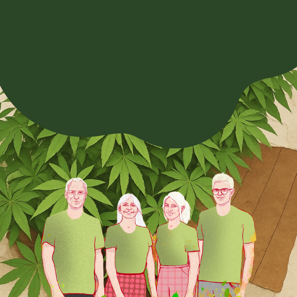 Lenziko illustrierte Familie Fischer vor Cannabispflanzen